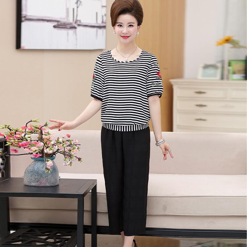 中老年女夏装短袖套装宽松夏天衣服4050岁60妈妈夏季上衣阔腿裤