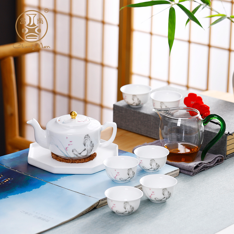 昌南 陶瓷空谷幽兰描金泡茶壶品茗泡茶杯八头白瓷功夫家用茶具套装