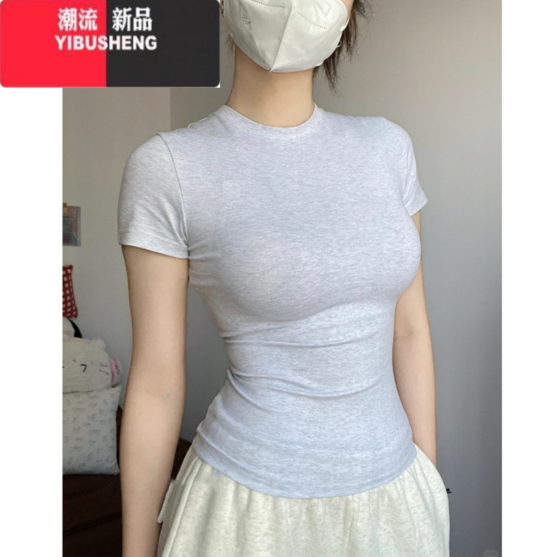 YIBUSHENG紧身短袖t恤女季2024新款圆领内搭茶艺风显身材纯欲正肩上衣高清大图