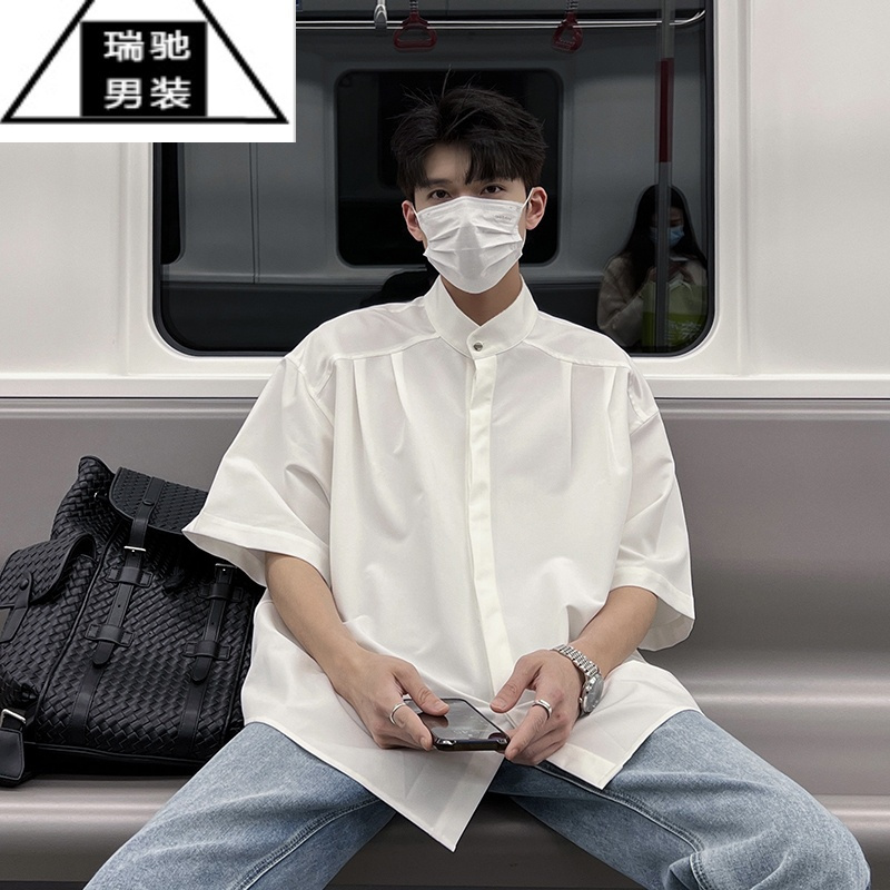 希杰狮王夏季免烫新中式男装痞帅衬衫男短袖潮牌百搭上衣city boy休闲