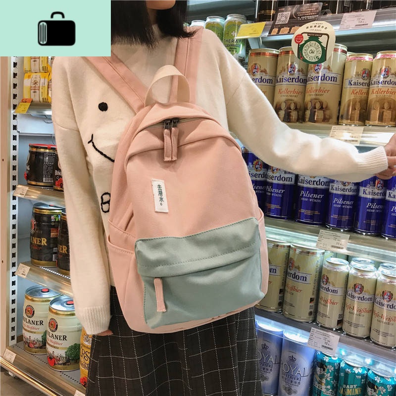 书包女韩版撞色简约ins双肩包女古着感少女大中学生帆布背包耐用NEW LAKE高清大图