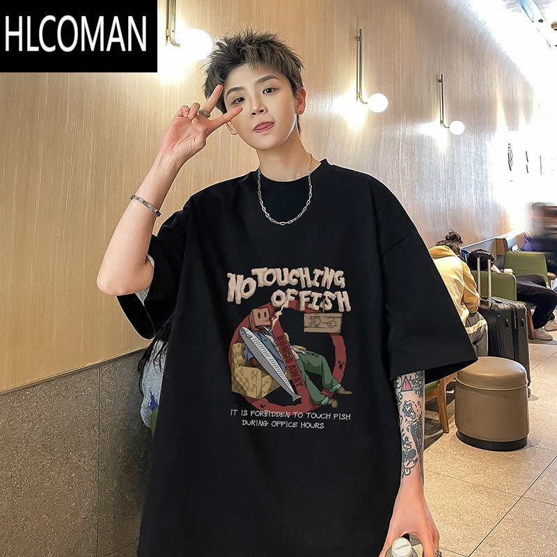 hlcoman酒红色短袖t恤男款夏季美式复古潮流潮牌宽松半袖体恤衫