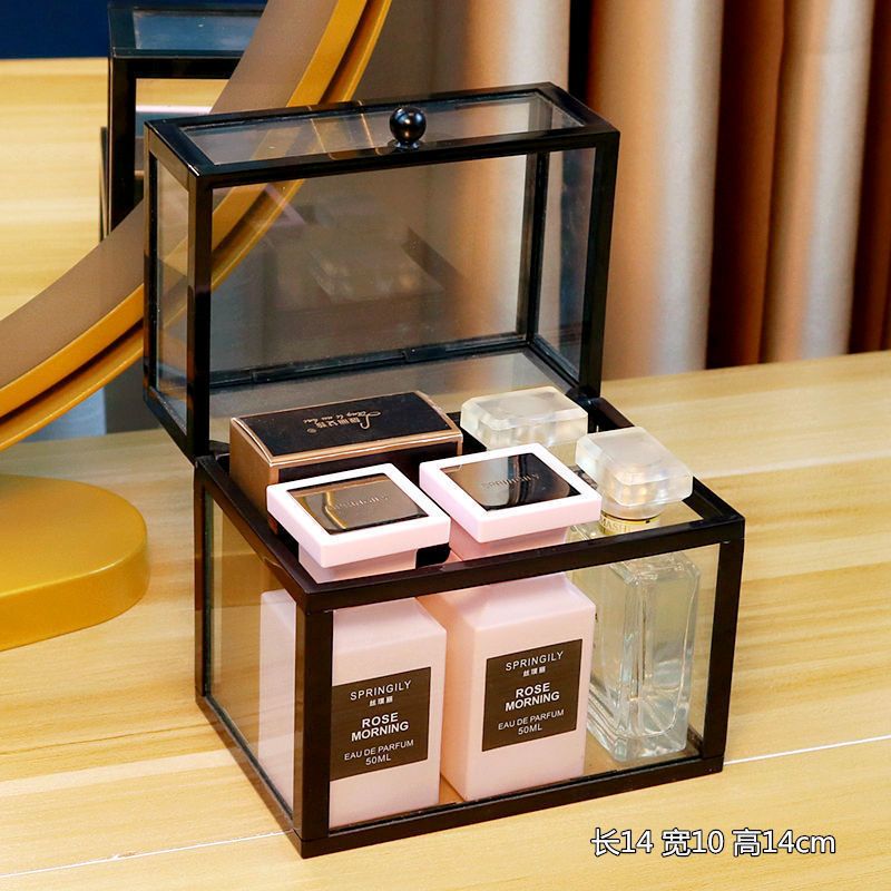 香水收纳盒防尘透明化妆品香水玻璃展示架梳妆台护肤品桌面收纳盒黑色