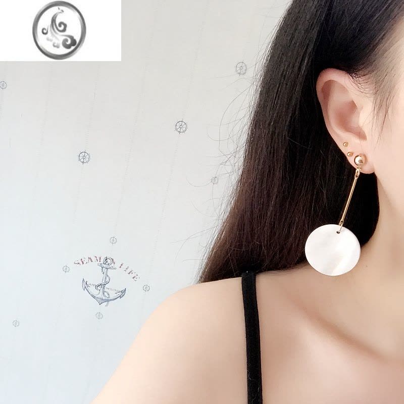 JiMiBY简约气质贝壳圆片耳环镂空长款耳坠耳钉无耳洞耳夹配饰品图片