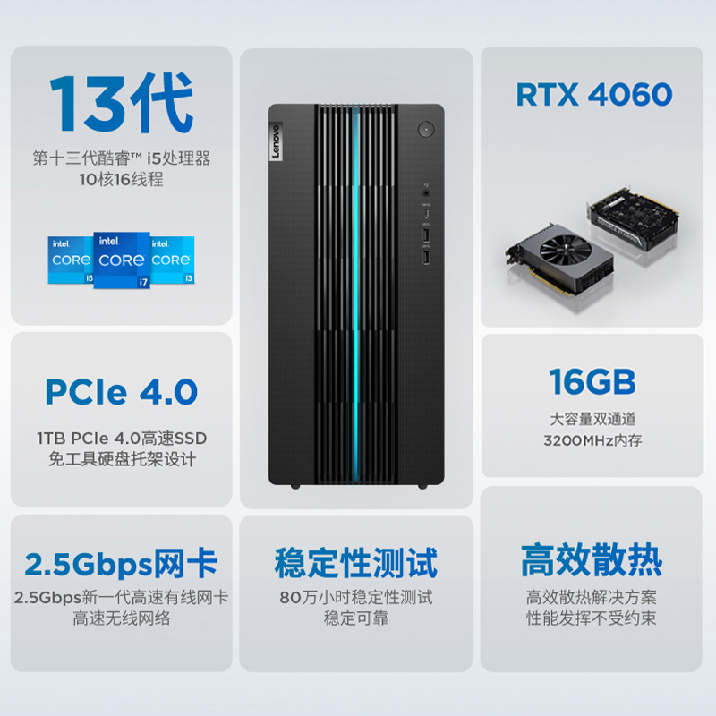 联想(Lenovo)GeekPro 2023 13代酷睿i5设计师游戏台式电脑主机(i5-13400F RTX4060 8GB显卡 16G 1TB SSD )