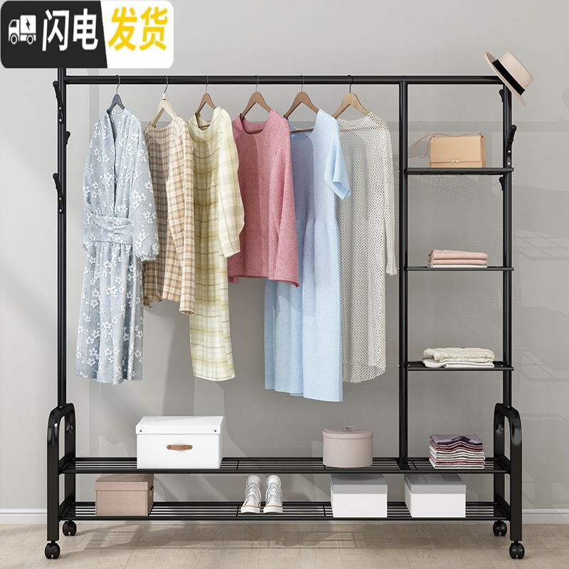 三维工匠单杆式凉衣架落地简易晾衣杆家用卧室内晒衣架折叠阳台挂衣服架子 经典大号-黑-100CM 大高清大图