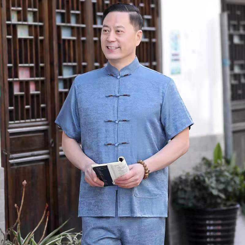 唐装男短袖套装夏季中老年男装爷爷中国风爸爸装老年人汉服衣服夏 莎丞图片