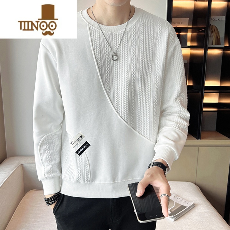 YANXU白色圆领卫衣男士2023秋季新款潮牌拼接设计感男生纹理感秋装上衣高清大图