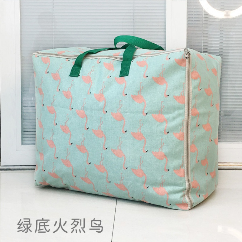 棉被收纳袋棉麻布艺防潮收纳整理袋子衣服打包袋搬家行李旅行袋_4 绿底火烈鸟大号83升58*48*28cm
