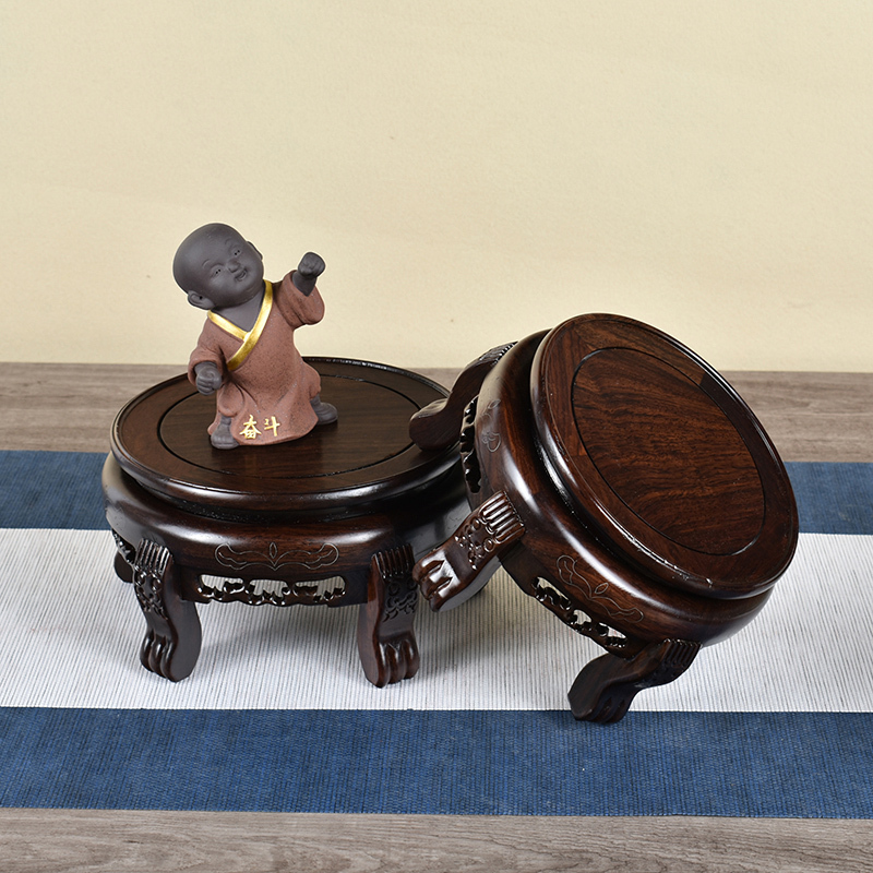 实木圆形底座花瓶底座雕刻工艺品摆件茶壶鱼缸奇石头红木底座托架feng