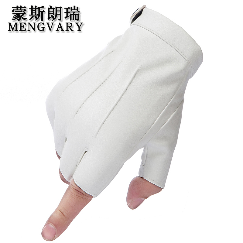 蒙斯朗瑞男士皮手套半指新款开车手套薄户外山地车骑行手套男露指运动机车款司机手套 白色三线款