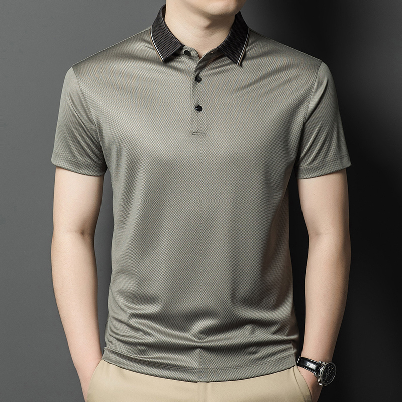 正品桑蚕丝短袖t恤男士翻领冰丝夏季薄款中年纯色半袖t恤夏季桑蚕丝