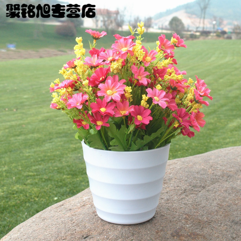 仿真花 绢花 塑料假花 装饰花艺套装 客厅装饰品 摆件 仿真雏菊小盆栽-中盆粉色套装