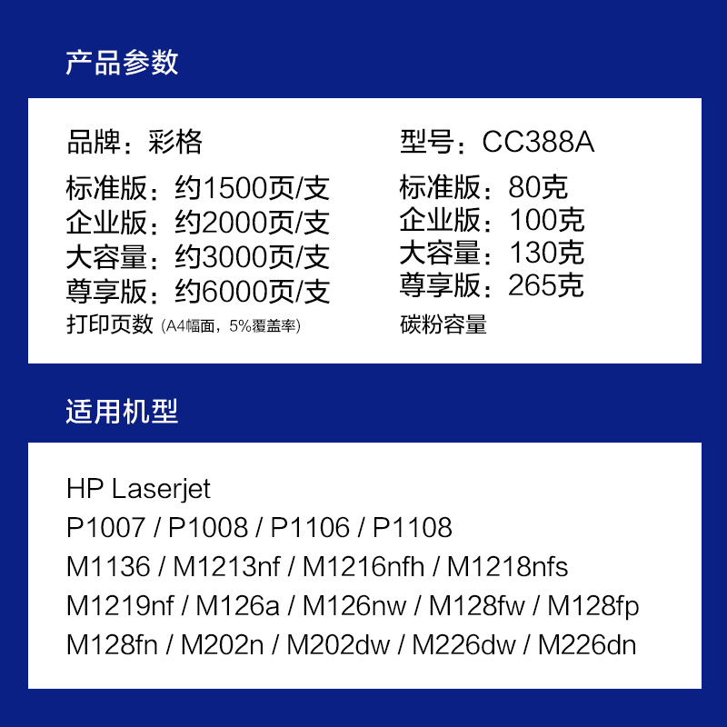 彩格适用惠普88a硒鼓hp1108 p1106 1007 1008 cc388a m1136 1216nfh 226dw高清大图