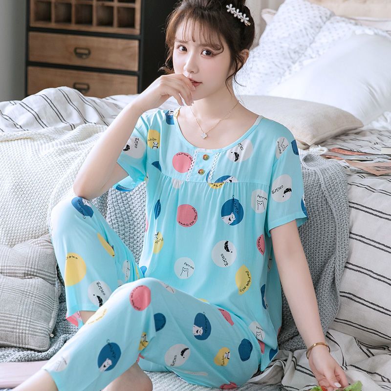 夏季女士短袖长裤绵绸两件套绵绸睡衣人造棉绸清新学生家居服