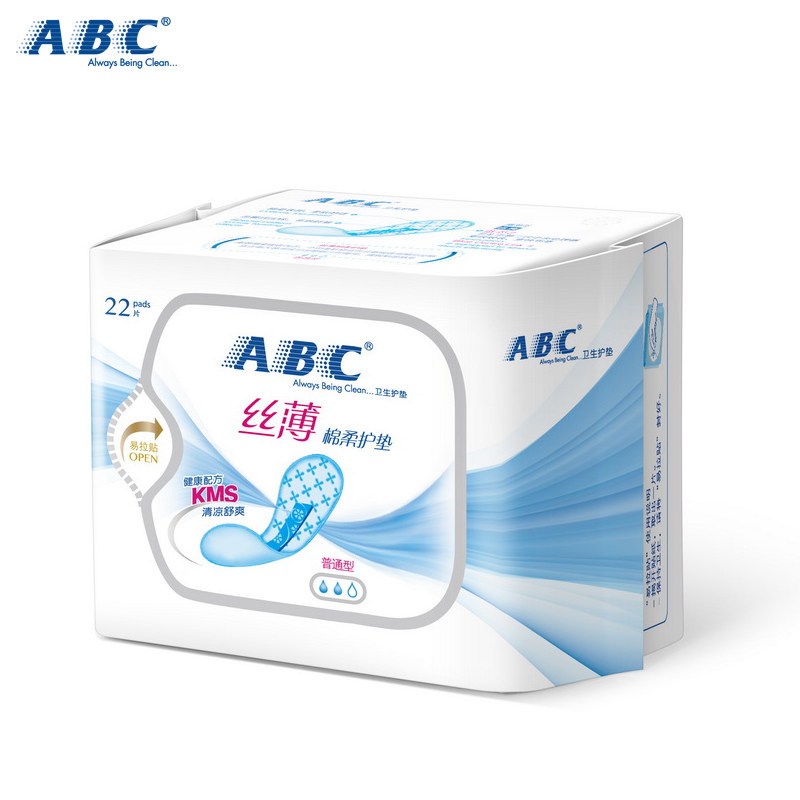 ABC卫生护垫丝薄透气棉柔亲肤清凉舒爽KMS健康配方163MM 22片