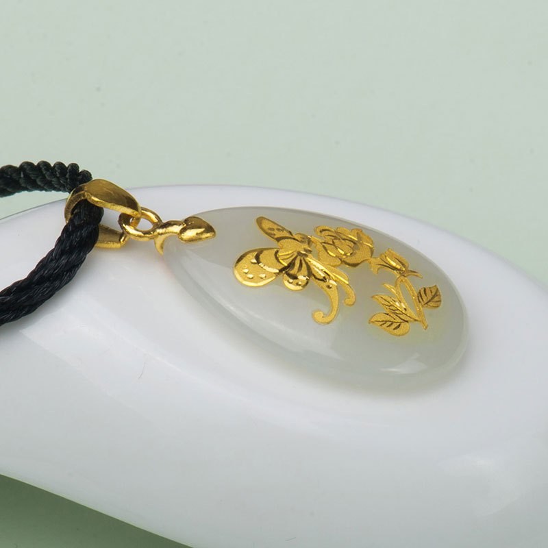 梦克拉和田玉花件金镶玉足金和田玉玫瑰花吊坠蝶恋花金镶玉吊坠女水滴