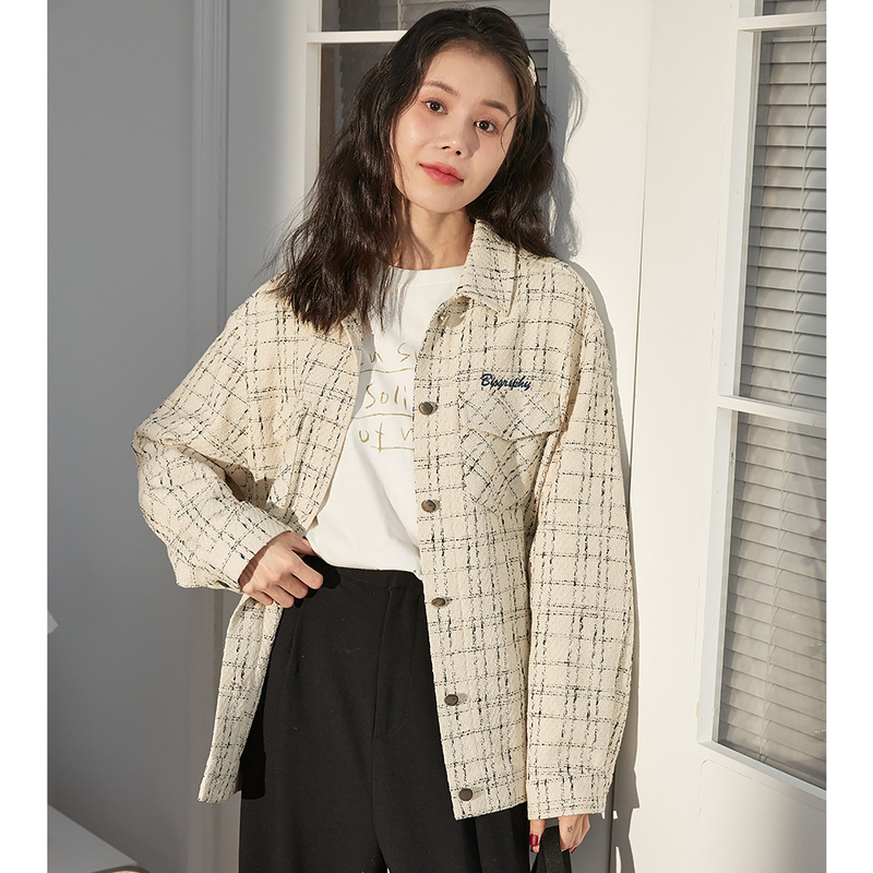 唐狮秋冬季新款外套女韩版宽松格子小香风衬衫开衫设计感上衣
