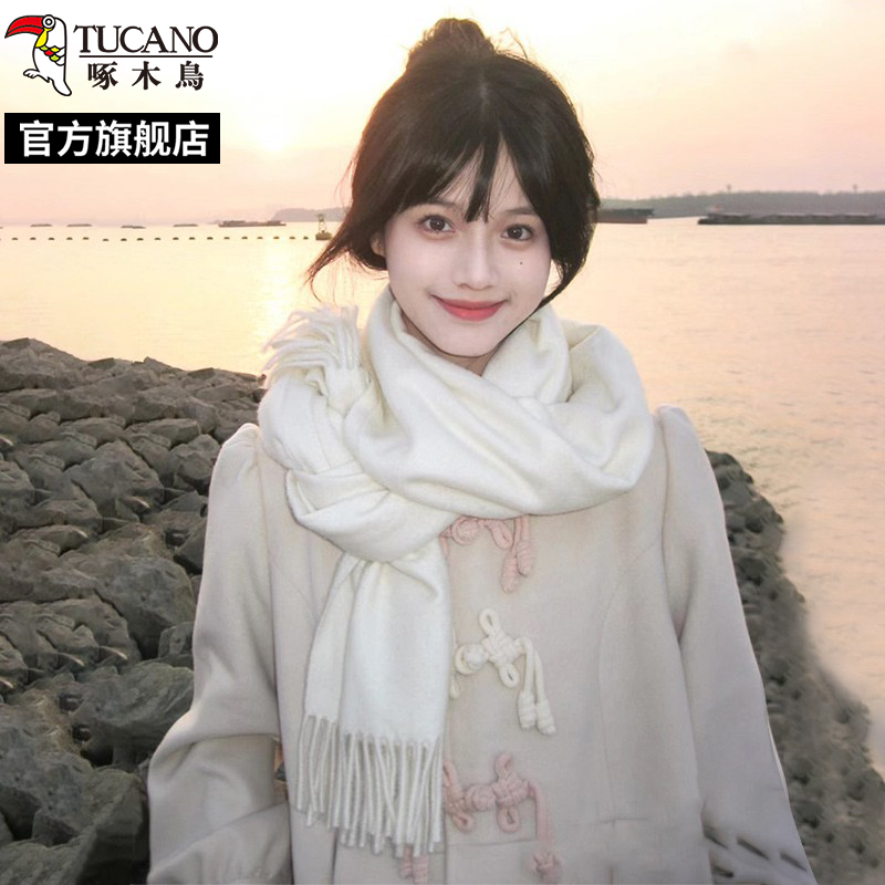 啄木鸟2025新款氛围感纯色白色围巾女冬韩版时尚百搭保暖围脖学色高清大图