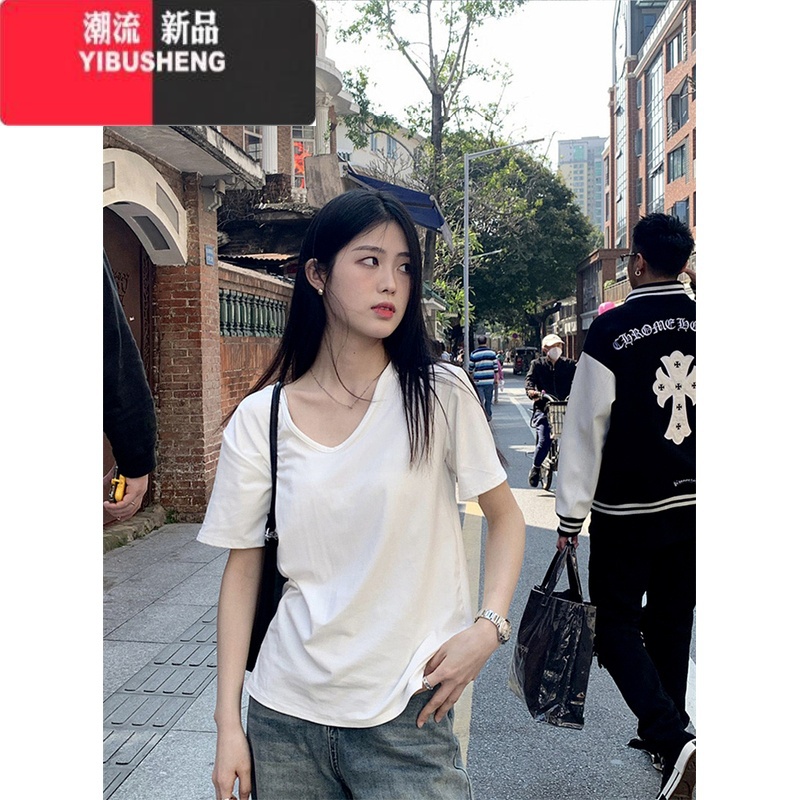 YIBUSHENG白色v领正肩短袖t恤女装季2024新款宽松内搭打底衫体恤百搭上衣高清大图