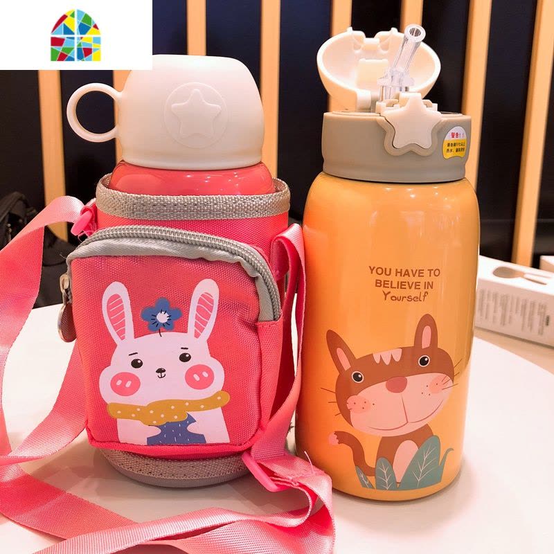 封后大容量儿童保温杯男女小学生真空不锈钢吸管喝水杯幼儿园宝宝杯子 FENG 蓝独角兽500ml+斜跨套+双盖关注收藏送四图片