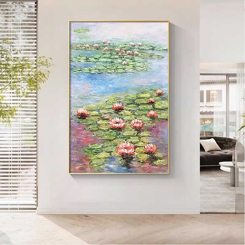 玟书 现代简约壁画 烤瓷水晶画/亮光效果/高清透亮 莫奈睡莲 40*60cm 竖版F款高清大图