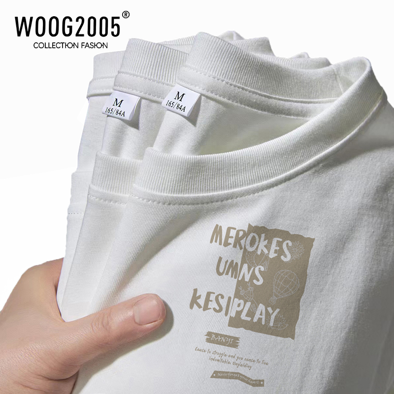 WOOG2005二本针T恤高克重磅短袖男精梳棉小领口情侣正肩七分袖夏