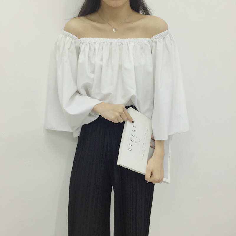早春女装甜美宽松一字领露肩喇叭袖上衣学生百搭娃娃衬衫白色均码