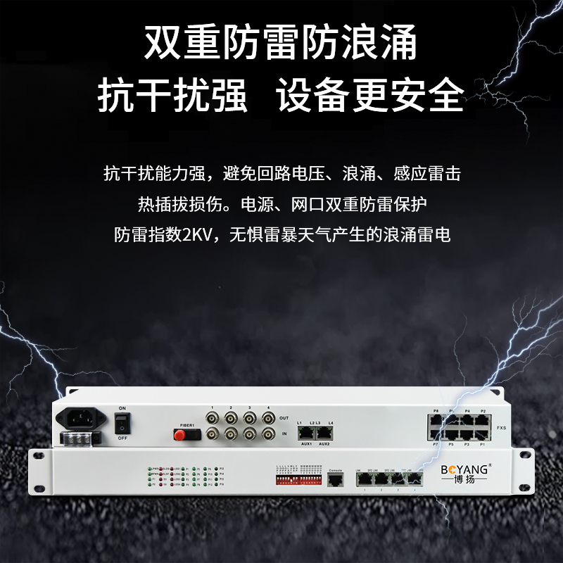 博扬 综合多业务光端机 4路E1+2路电话+4路百兆以太网物理隔离 单纤20km 机架式 BY-4E1-2P4EV
