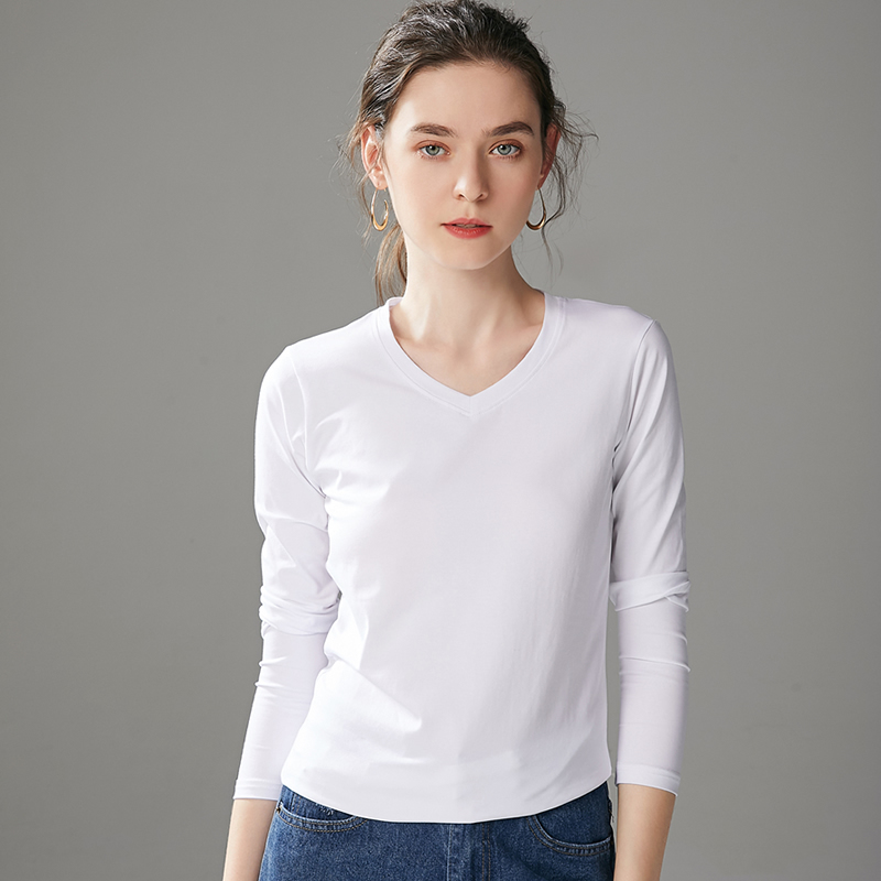 艳如飞白色t恤女长袖白不透棉感圆领打底衫内搭薄修身春秋简约上衣t恤