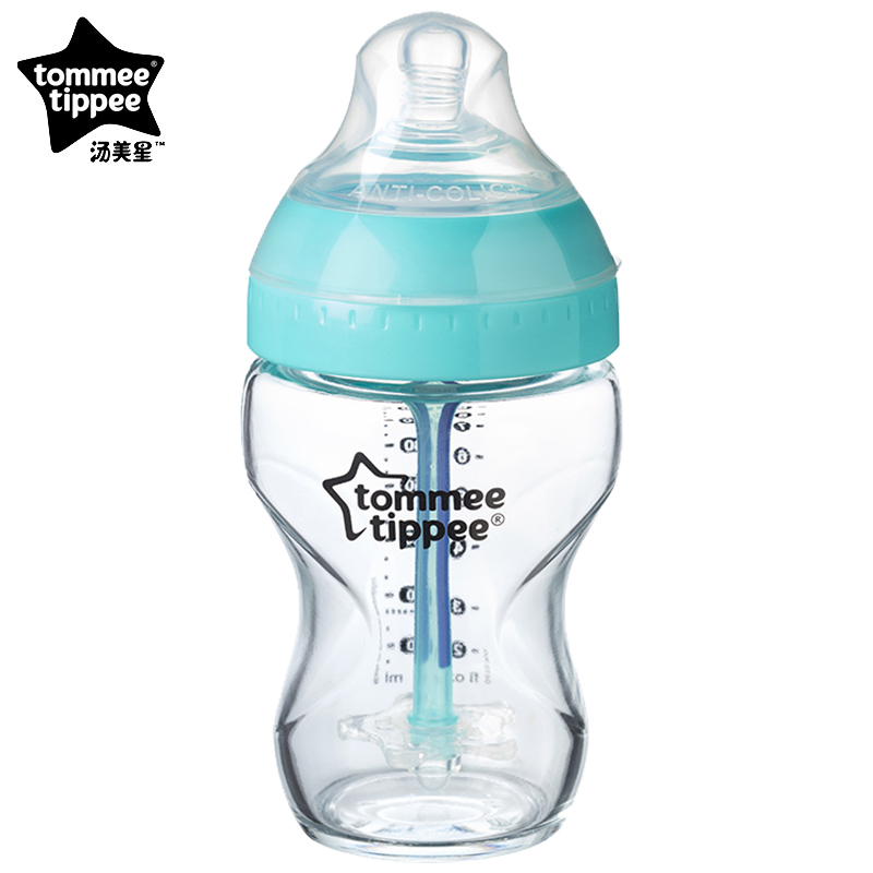 汤美星(Tommee Tippee)01092 新生儿感温防胀气玻璃奶瓶宽口径防呛奶仿母乳造型250ml（配慢流量奶嘴）