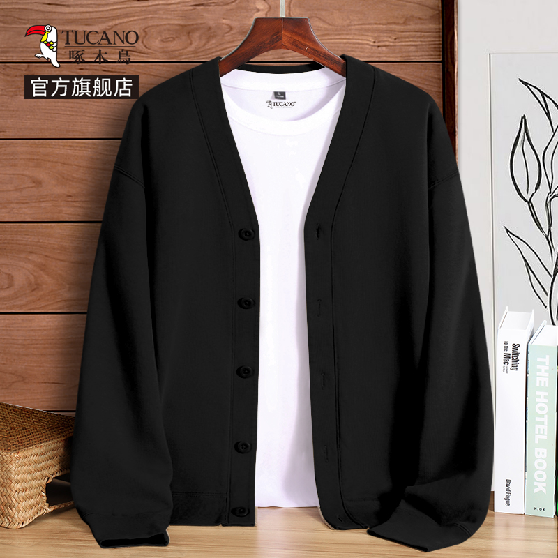 啄木鸟开衫毛衣男秋冬2024新款加绒加厚针织衫男士冬季外套潮牌Y V领针织衫黑#纯色 2XL