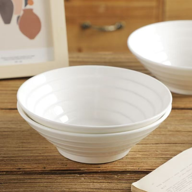 康夫贝横纹汤碗拉面碗高颜值餐厅家用陶瓷饭碗防烫加厚8英寸纯白喇叭碗4只装高清大图