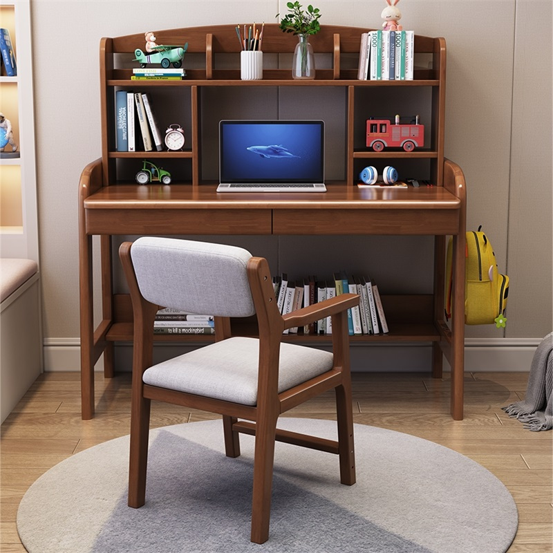 迅迈实木书桌写字桌书架一体学习桌简约家用初中小学生卧室可升降书桌