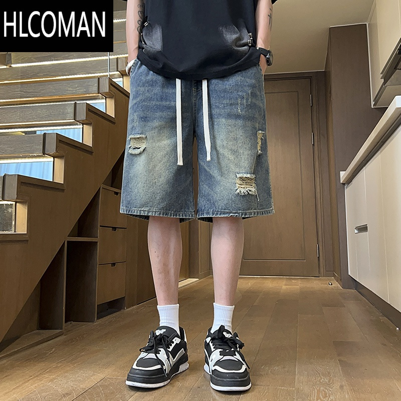 HLCOMAN美式高街破洞牛仔短裤男生2024夏季松紧腰宽松直筒做旧五分中裤男
