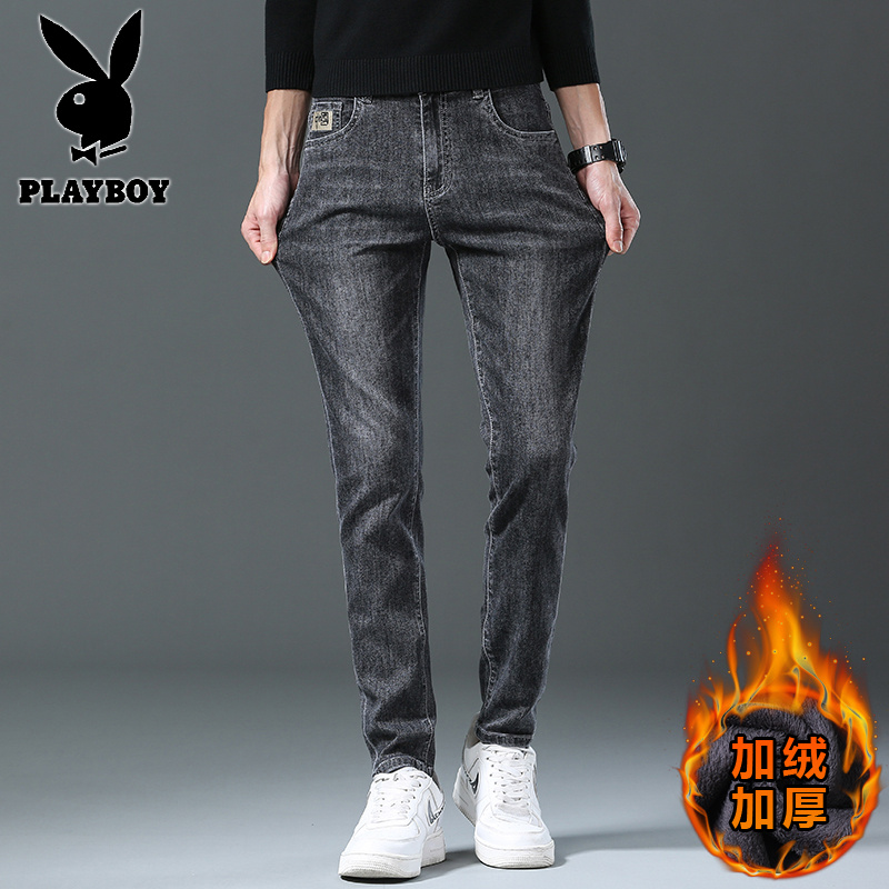 花花公子新款高品质2025秋冬新款牛仔裤男刺绣高端修身弹力潮牌男士长裤子加绒高清大图