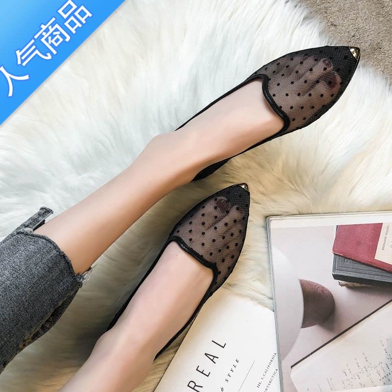 SUNTEK波点网纱凉鞋女夏2023新款镂空平底网鞋透气蕾丝淑女鞋浅口单鞋潮图片