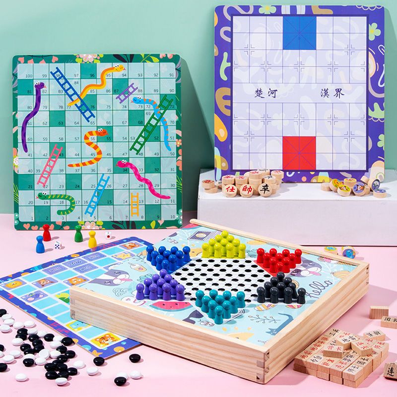 飞行棋五子棋儿童跳跳棋斗兽棋小学生游戏棋牌类亲子互动益智玩具|8合1【木盒】全套棋B