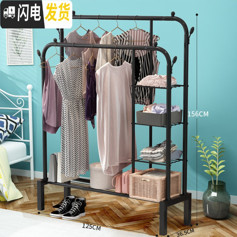 三维工匠简易衣柜现代简约出租屋用折叠布挂衣橱卧室宿舍衣服铁架收纳柜子 125cm-黑色双杆+侧三层网+双衣帽钩2个