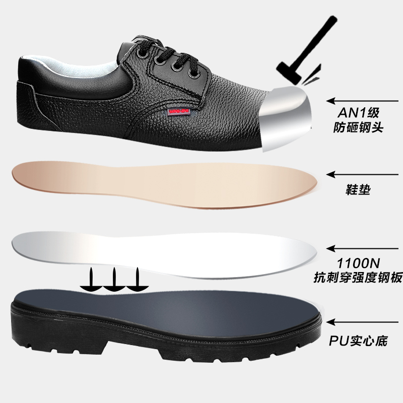 海洋鹿 春秋劳保鞋男防砸防刺穿工地鞋钢头工作皮鞋牛皮透气耐磨防扎 42码