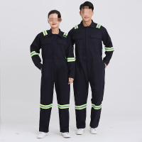 四季连体工作服反光条男女全棉劳保服工厂车间 藏蓝色5XL号（195）