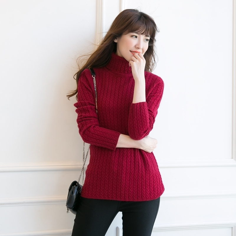2018秋冬季新款羊绒衫女装翻领修身扭花韩版加厚套头针织衫