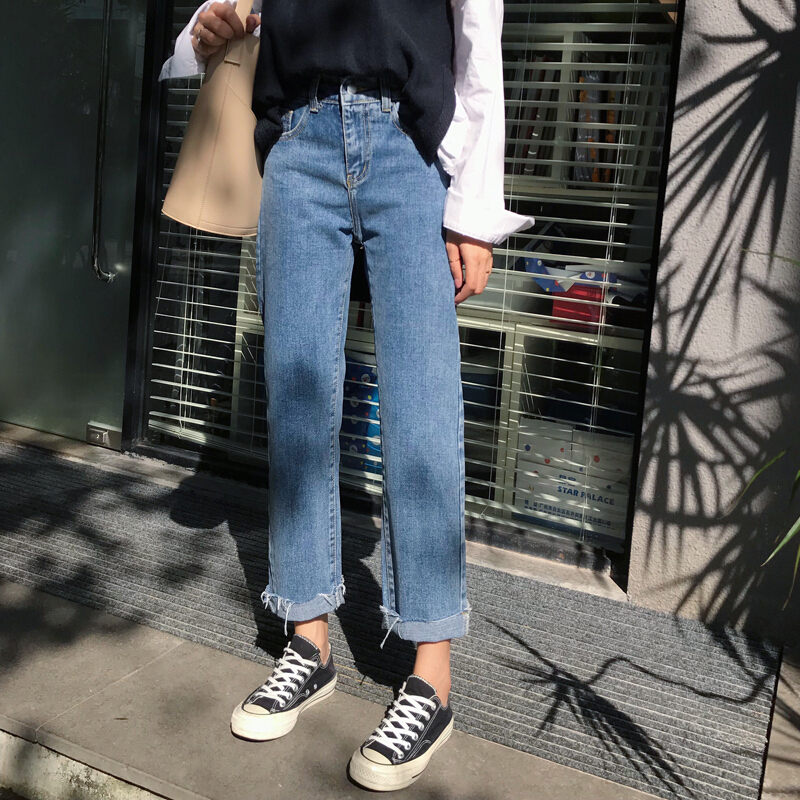 春装女装新款韩版松紧腰直筒裤毛边翻边宽松百搭牛仔裤九分裤显瘦蓝色