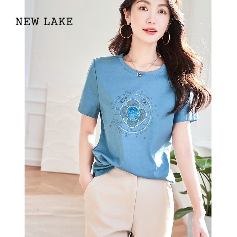 newlake宽松正肩刺绣t恤女装短袖设计感小众纯棉上衣夏季2024新款打底