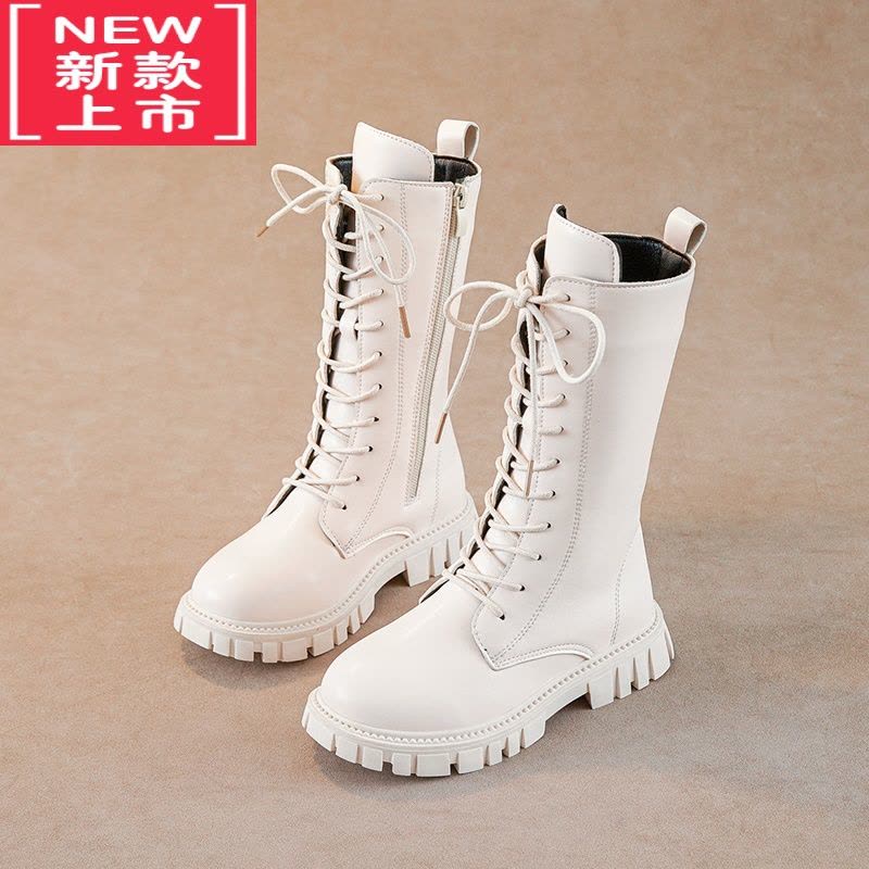 可莉允女童靴子2022新款高筒靴时尚单靴儿童马丁靴英伦黑色皮靴加绒长靴图片