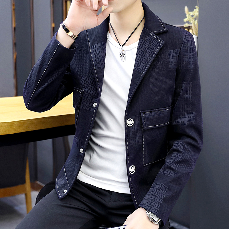 yuansu男士工装夹克韩版帅气修身型西服社会小伙精神男装外套短款风衣