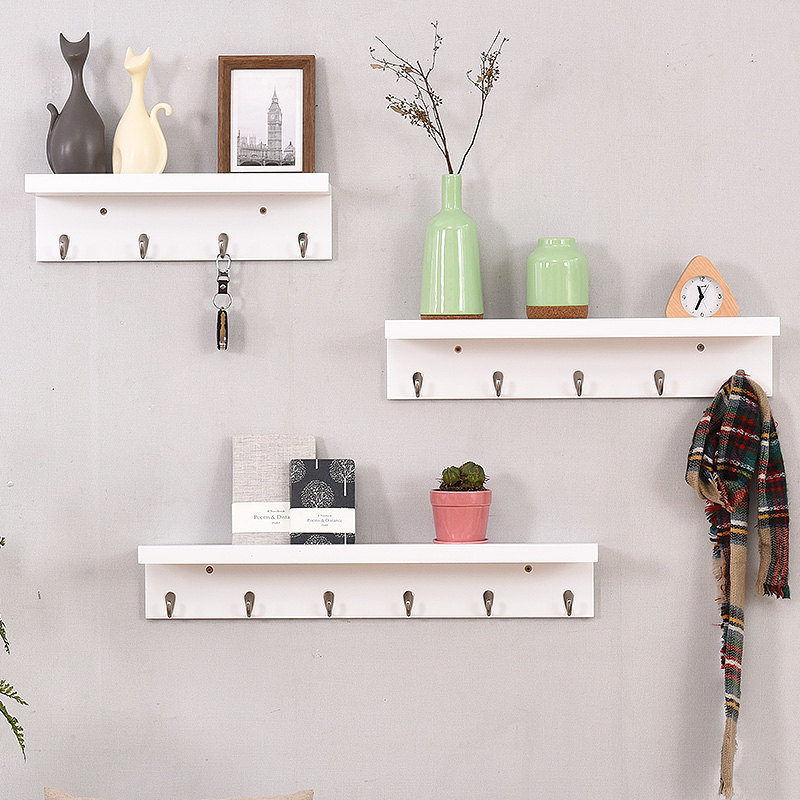 美帮汇墙上置物架简约现代客厅实木隔板玄关艺术挂钩卧室壁挂木板挂衣架 雅白色五钩六钩两件套高清大图