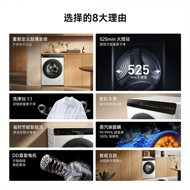 小米米家10kg公斤滚筒洗衣机XQG100MJ106 全自动超薄全嵌机身525mm超大筒径1.1高洗净比直驱电机深层除螨高清大图