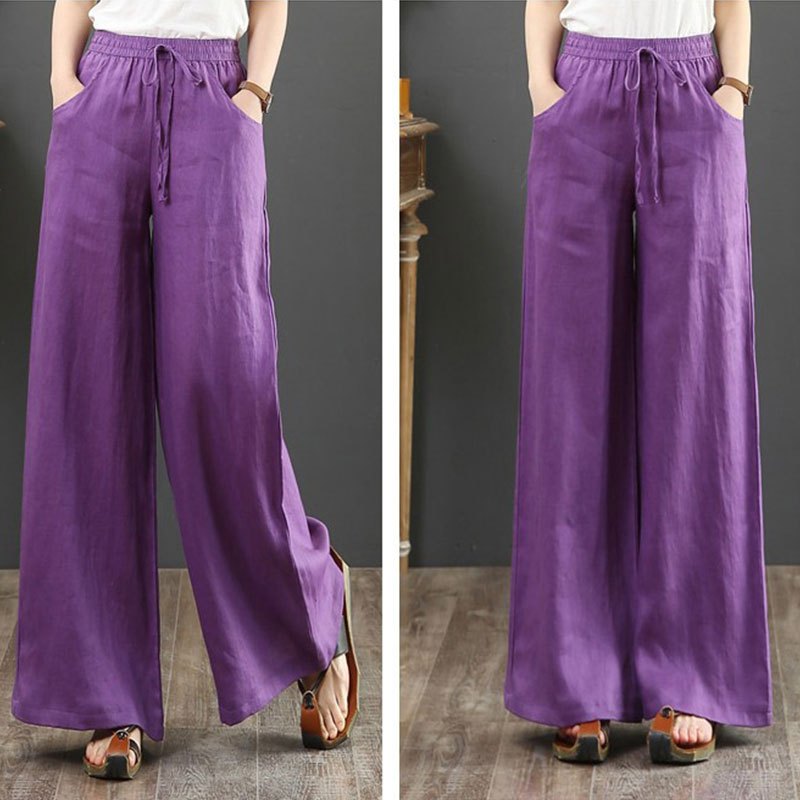 紫色亚麻大码阔腿裤女士抽绳松紧腰文艺棉麻女装春夏新品直筒长裤雾霾