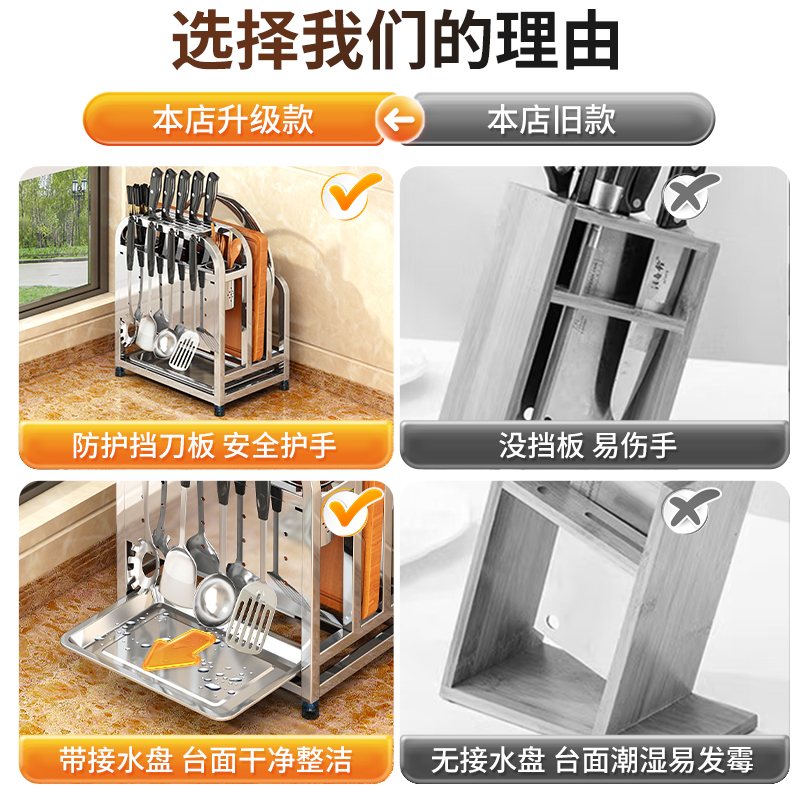 家佰利304不锈钢刀架多功能厨房置物架筷子筒砧板架锅盖架菜板架